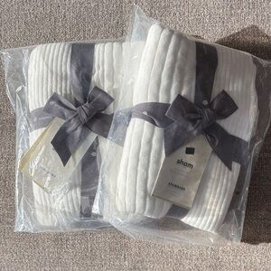 WEST ELM Cotton Cloud Jersey White Linear Duvet Standard Pillow Shams NEW